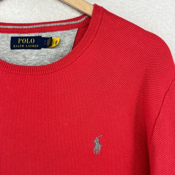 POLO RALPH LAUREN Sweater Mens S Mesh Knit Cotton Crewneck Pullover Jumper Red - Picture 6 of 16